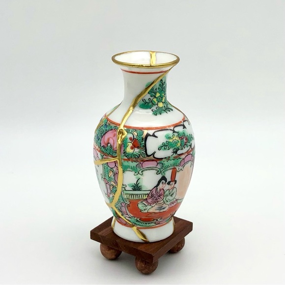 Chinese Famile Rose Kintsugi Vase Vintage Marked Gold Crack Japanese Growth Gift - Picture 8 of 14
